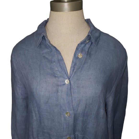 CT517 Linen 100% Italian Blue Maxi Long Sleeve Button Down Dress S/M - Picture 2 of 7